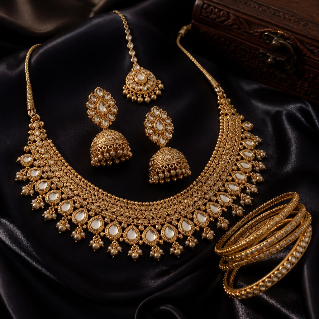 Complete gold bridal jewellery set with necklace, jhumka earrings, maang tikka and bangles at Al Jannat Jewellers, Abbottabad