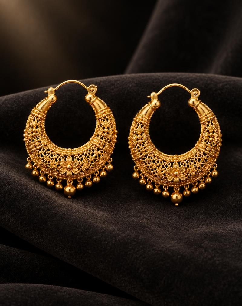 Traditional gold balliyan earrings at Al Jannat Jewellers, Abbottabad